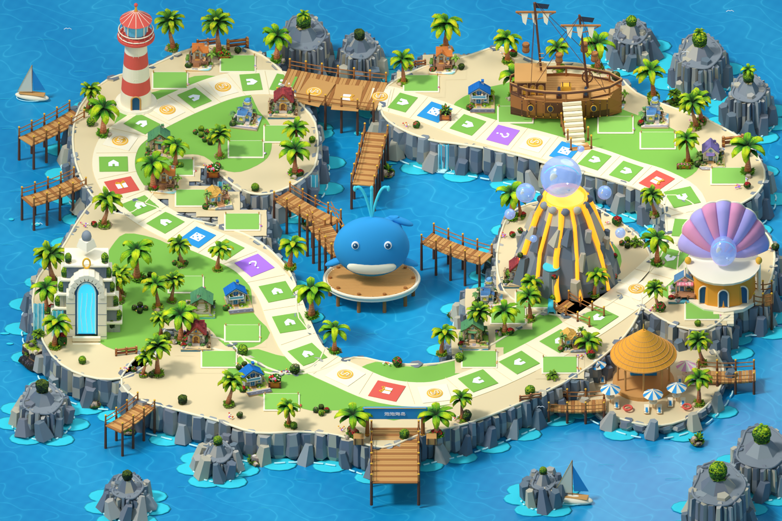 Bubble Island’s lighthouse, palm trees, docks and winding board-game paths
